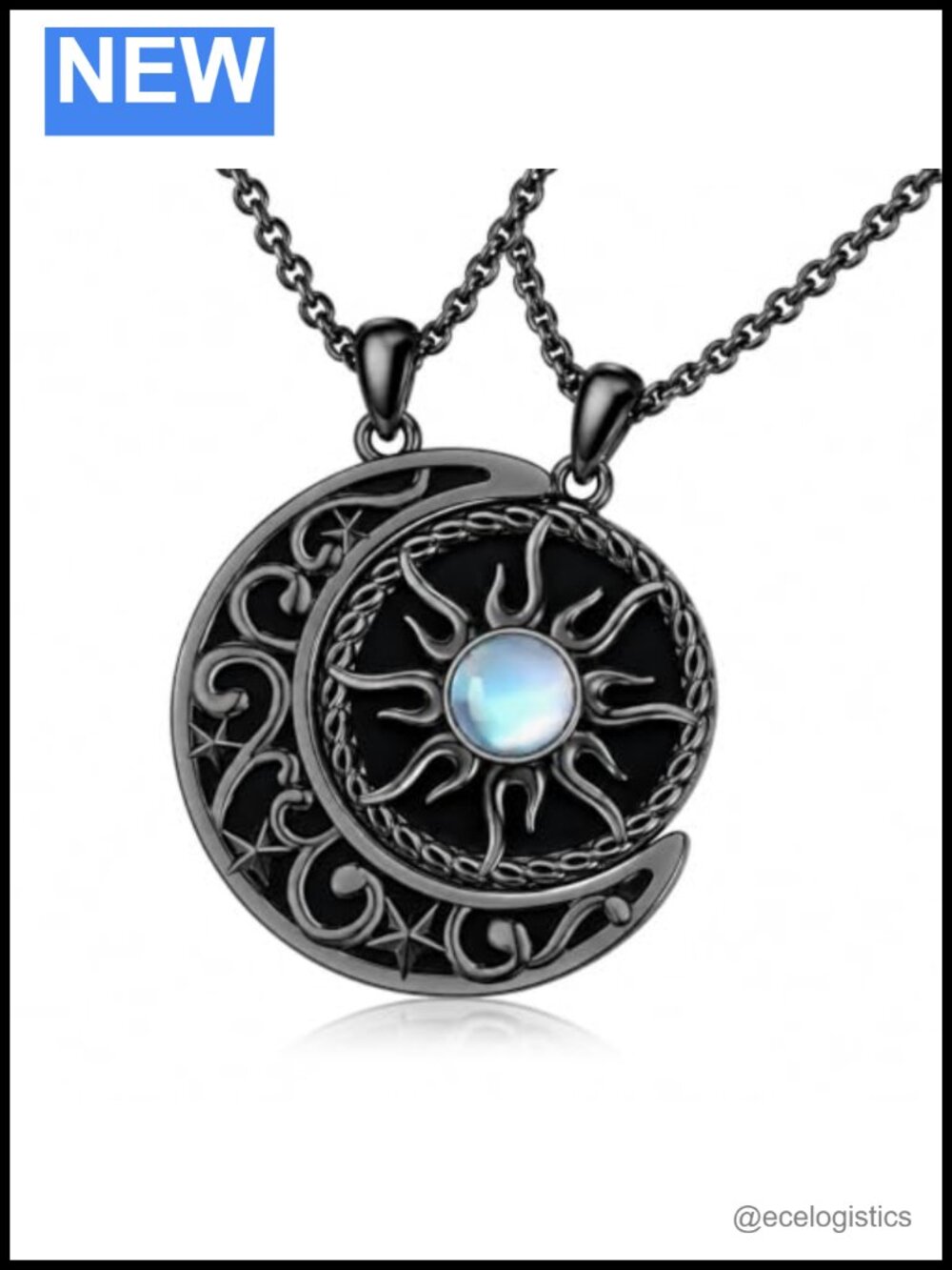 Sun Moon Matching Couple Necklace Black Abalone Pendant Stainless Steel